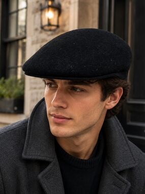 Men's Black Wool Flat Cap Sears Vtg Nwt Newsboy Hat